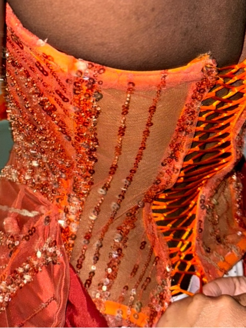 Rust Ruffle-Seam Sequined Prom Gown - Picture 9 of 11